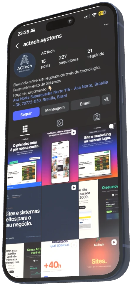 Mockup de iPhone mostrando o perfil do Instagram da ACTech