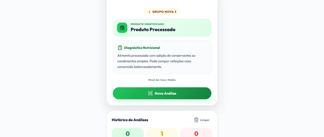 Resultado classificando o produto como processado, com diagnóstico nutricional